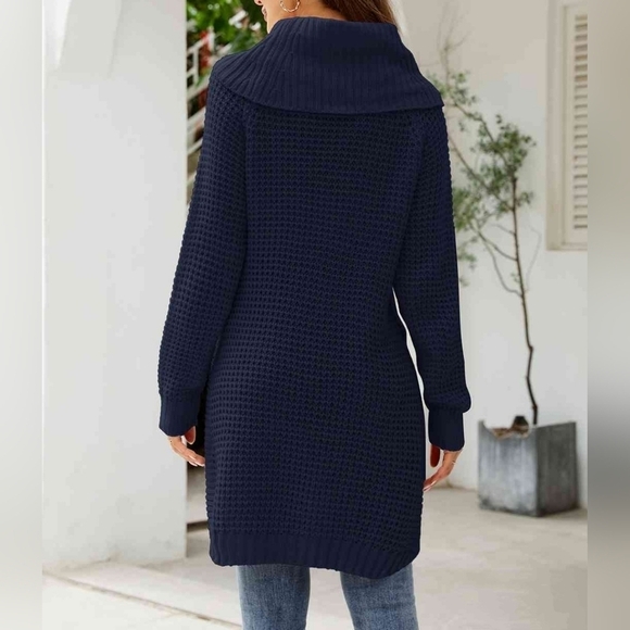 Lisa and Rose Cowl Turtle Neck Waffle Knit Slit Side Sweater Dress SMALL Navy - Picture 2 of 9